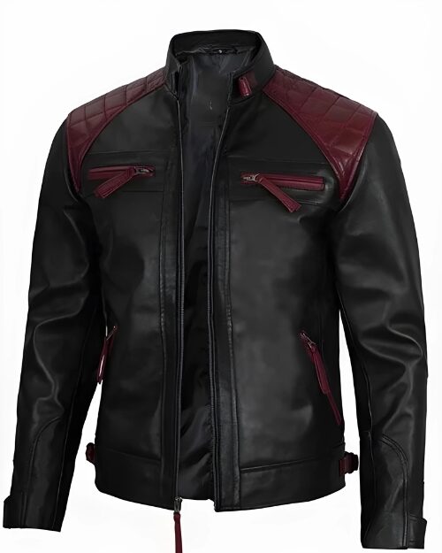 Mason Quilted Cafe Racer Black and Maroon Leather Jacket