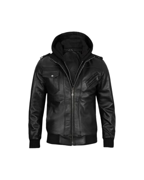 Men’s Black Leather Hooded Bomber Jacket