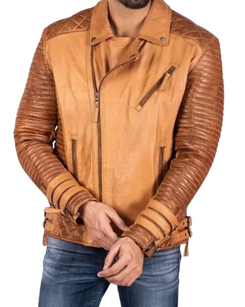 Adrian Quilted Tan Brown Biker Leather Jacket Mens