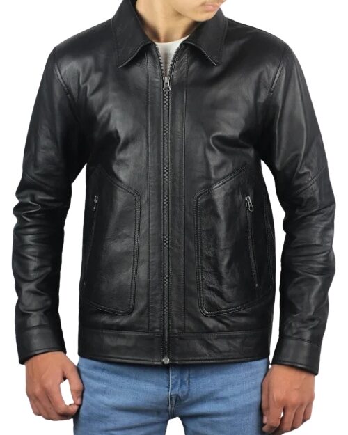 Corven Men’s Black Polo Collar Leather Jacket
