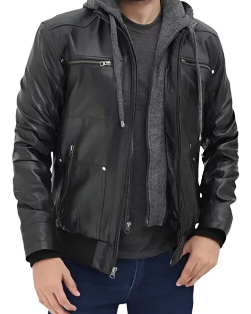 Hooded Style Bomber Leather Jacket For Men’s
