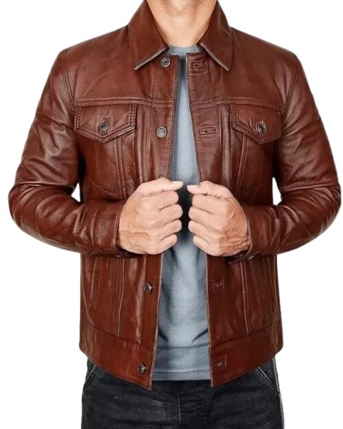 Mens Vintage Brown Leather Trucker Jacket