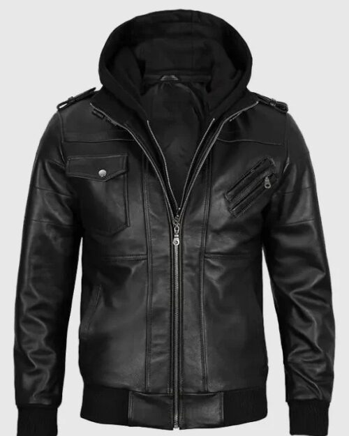 Men’s Black Leather Hooded Bomber Jacket
