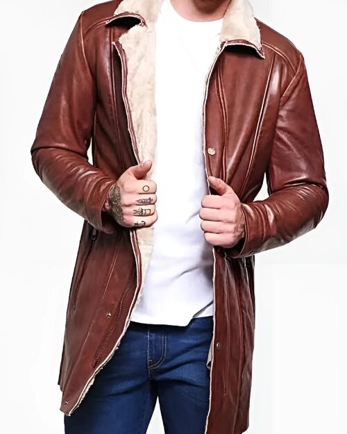 Men’s Mid-Length Brown Shearling Leather Coat
