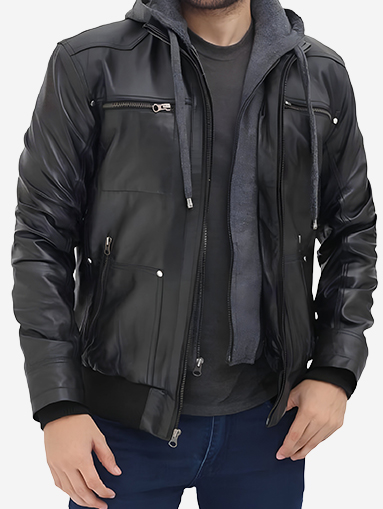 Hooded Style Bomber Leather Jacket For Men’s