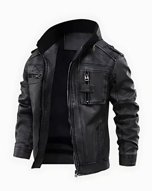 Cafe Racer Men’s Distressed Black Stand Up Collar Leather Jacket