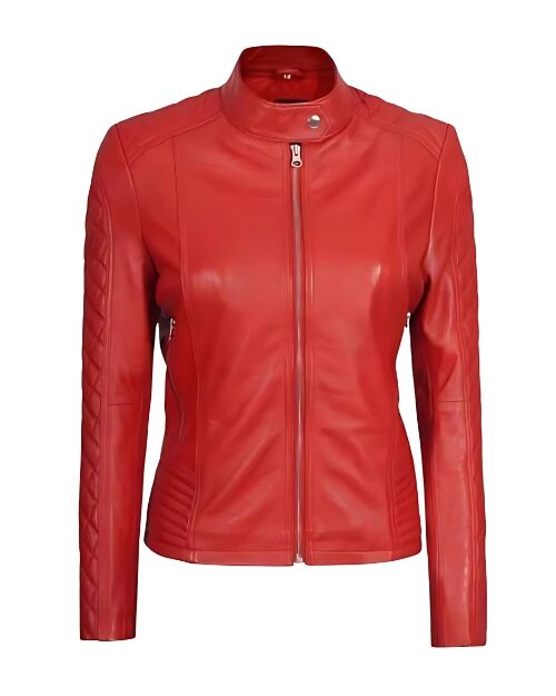 Aubrey Quilted Sleeves Red Cafe Racer Leather Jacket