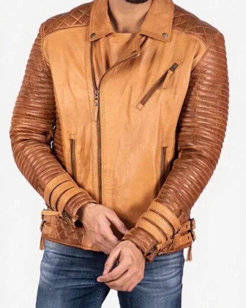 Adrian Quilted Tan Brown Biker Leather Jacket Mens