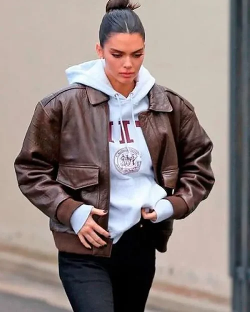 Kendall Jenner Street Style Brown Bomber Leather Jacket