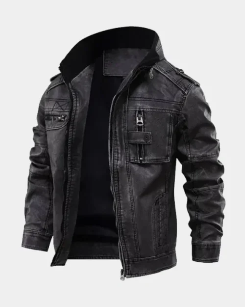 Cafe Racer Men’s Distressed Black Stand Up Collar Leather Jacket