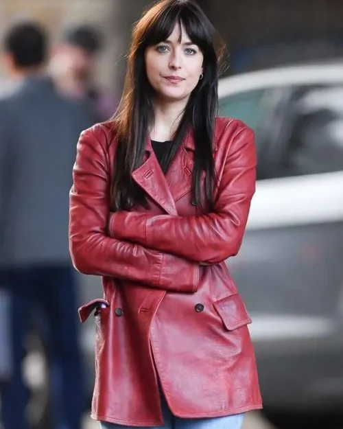 Dakota Johnson Madame Web 2024 Red Leather Coat