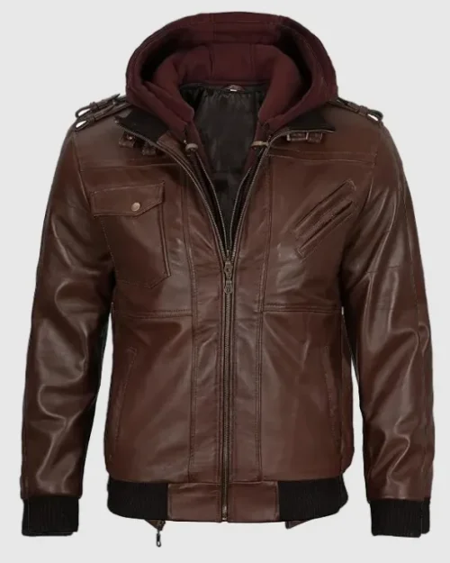Dark Brown Hooded Leather Jacket For Men