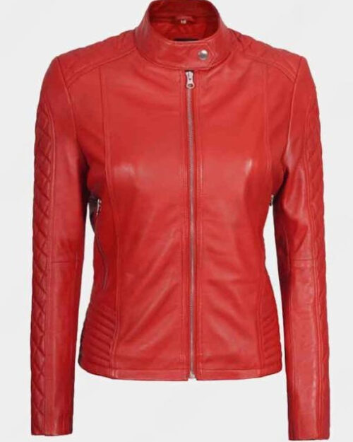 Aubrey Quilted Sleeves Red Cafe Racer Leather Jacket