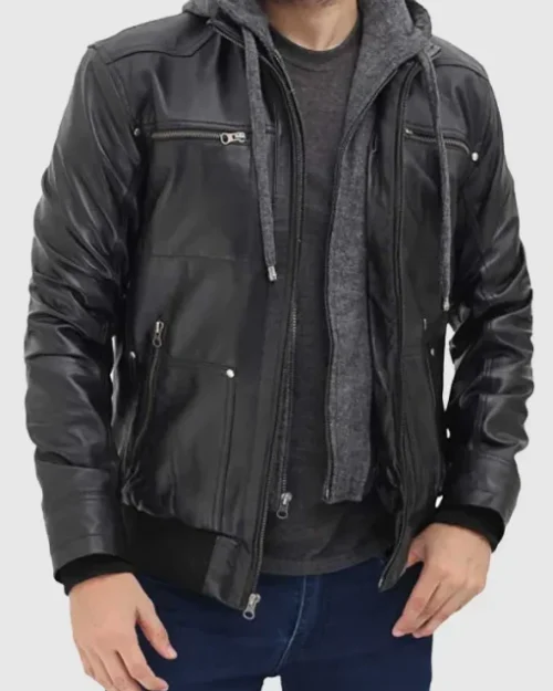 Hooded Style Bomber Leather Jacket For Men’s