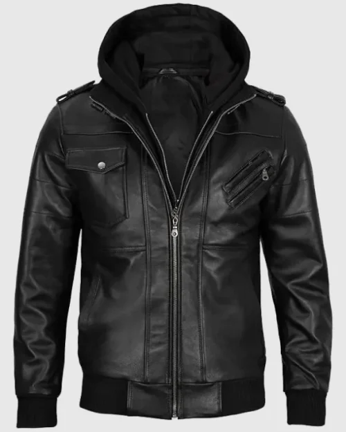 Men’s Black Leather Hooded Bomber Jacket