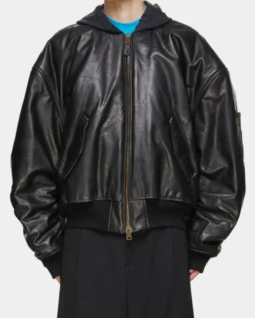 Men’s MA-1 Oversized Leather Black Bomber Jacket With Hood