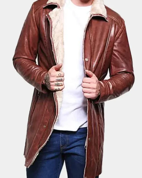 Men’s Mid-Length Brown Shearling Leather Coat