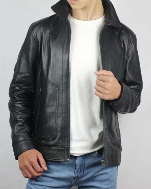 Corven Men’s Black Polo Collar Leather Jacket