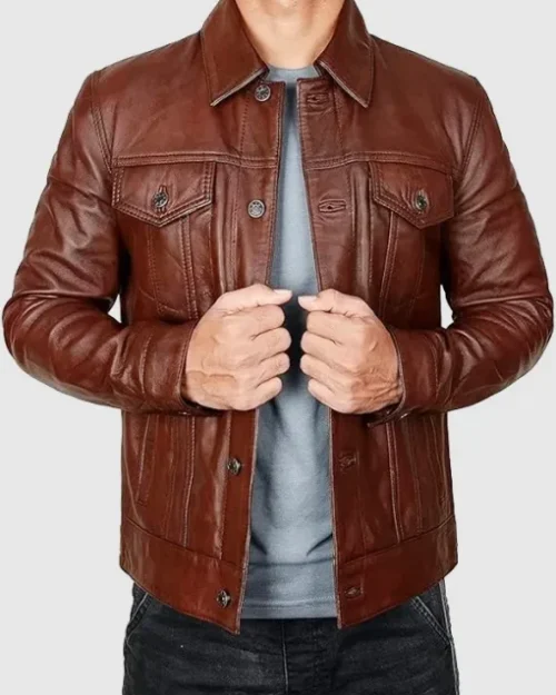 Mens Vintage Brown Leather Trucker Jacket