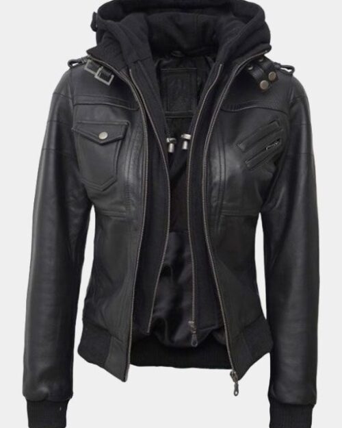Olivia Black Real Leather Jacket With Hood
