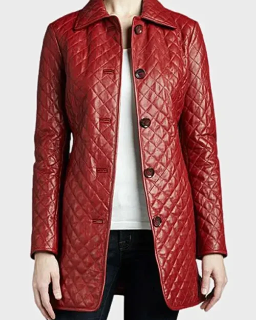 Red Quilted Leather Coat For Women