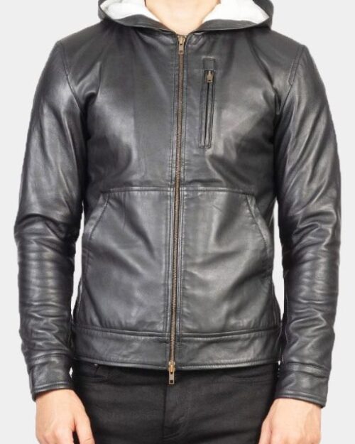 Smooth Black Hooded Leather Jacket For Men’s