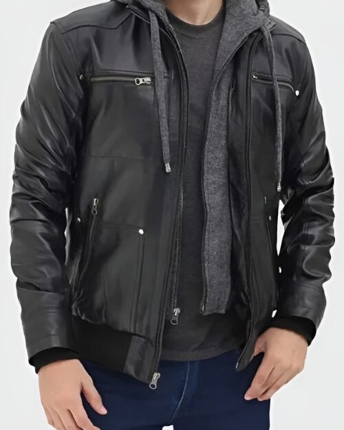 Hooded Style Bomber Leather Jacket For Men’s