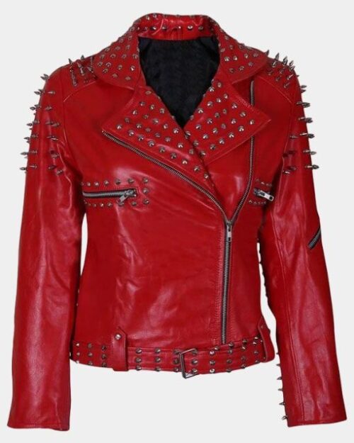 Womens Red Spike Studded Leather Jacket