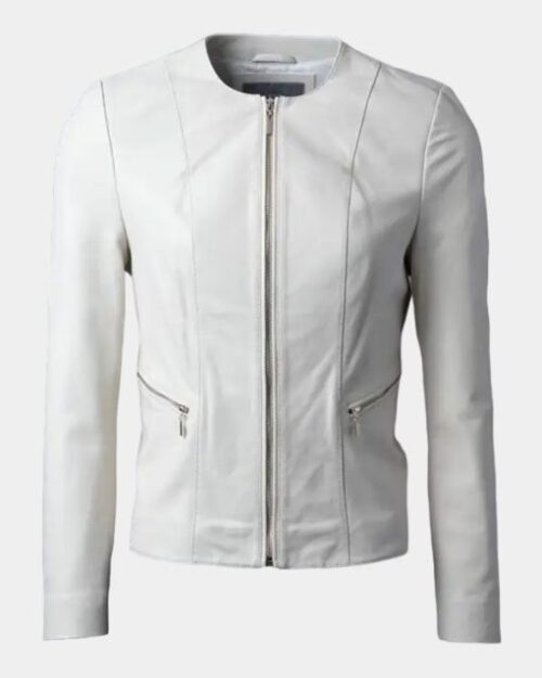 Women’s White Collarless Leather Fashion Jacket