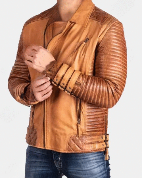Adrian Quilted Tan Brown Biker Leather Jacket Mens