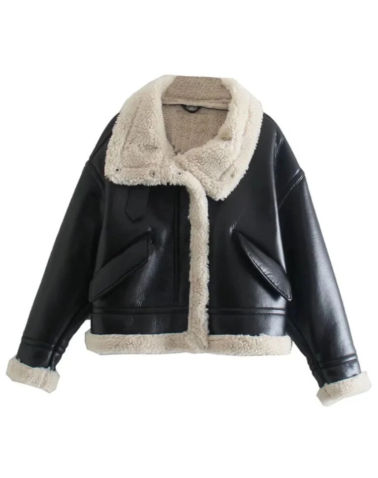 BellaWomen_sA-2FauxShearlingBomberLeatherJacketHollow