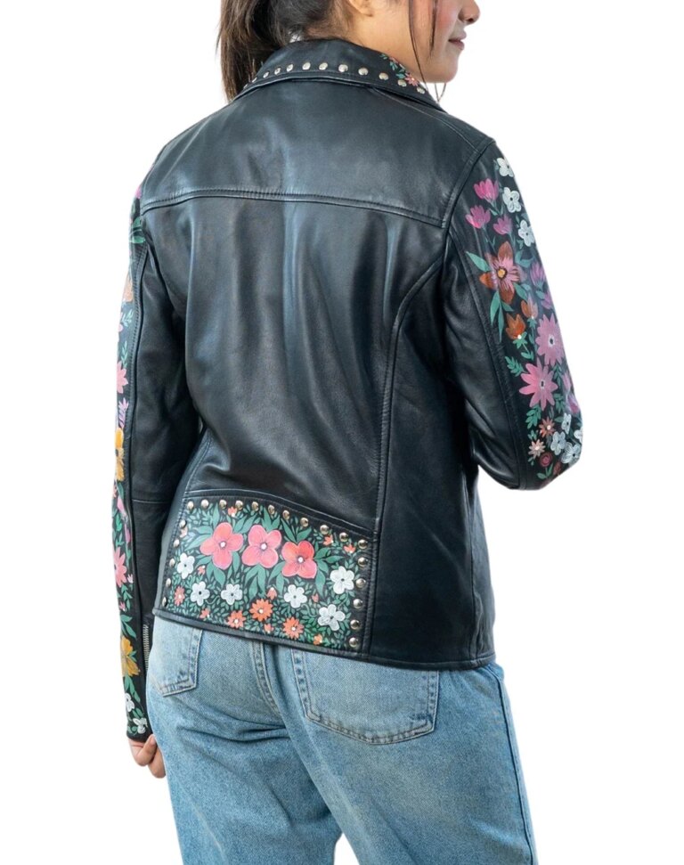 BlossomHand-PaintedBlackLeatherBikerJacketback