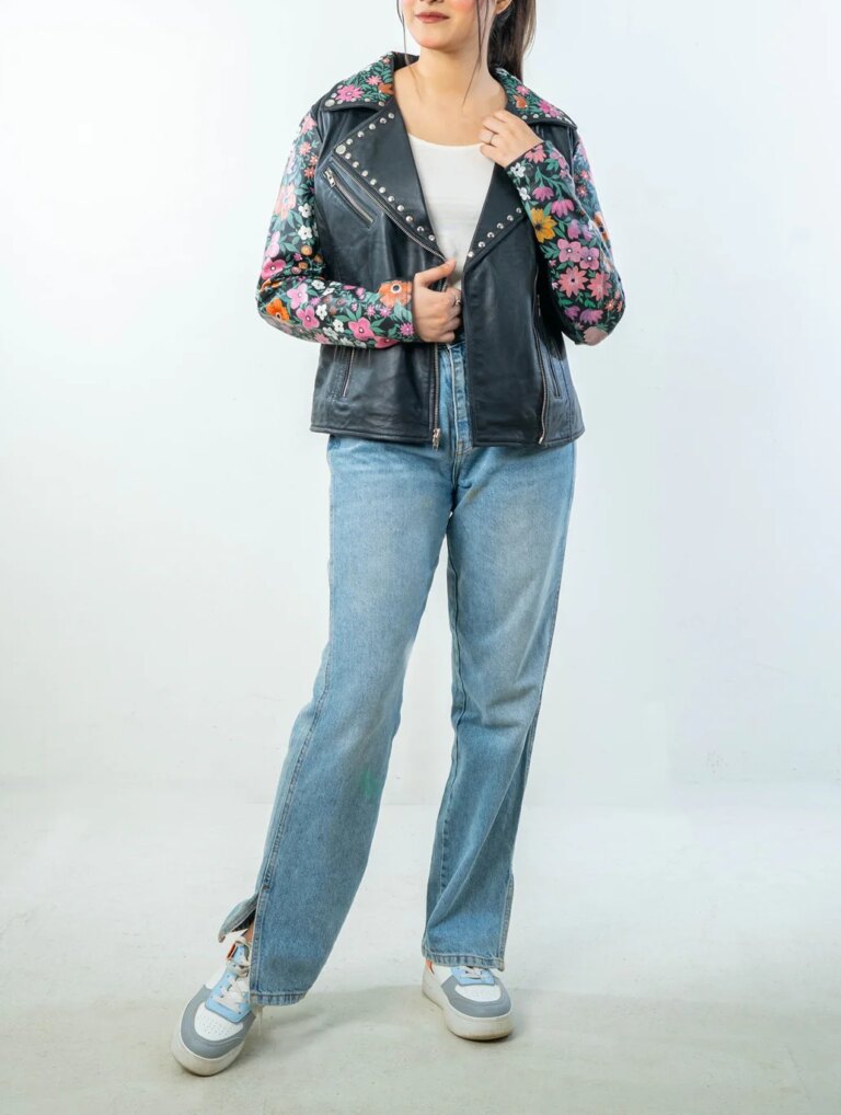 BlossomHand-PaintedBlackLeatherBikerJacketfullfront