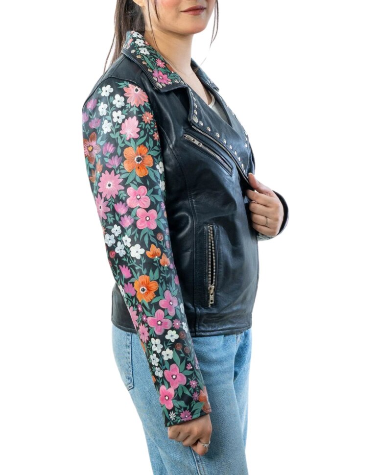 BlossomHand-PaintedBlackLeatherBikerJacketrightside