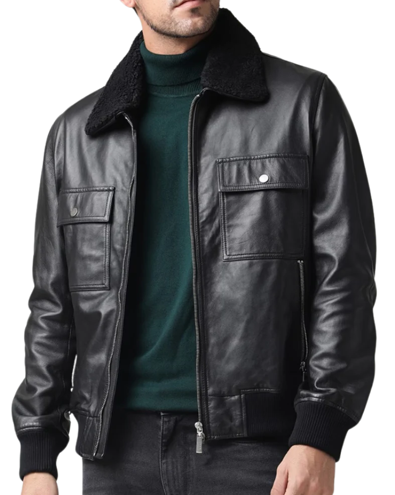 Essence-Black-Leather-Bomber-Jacket