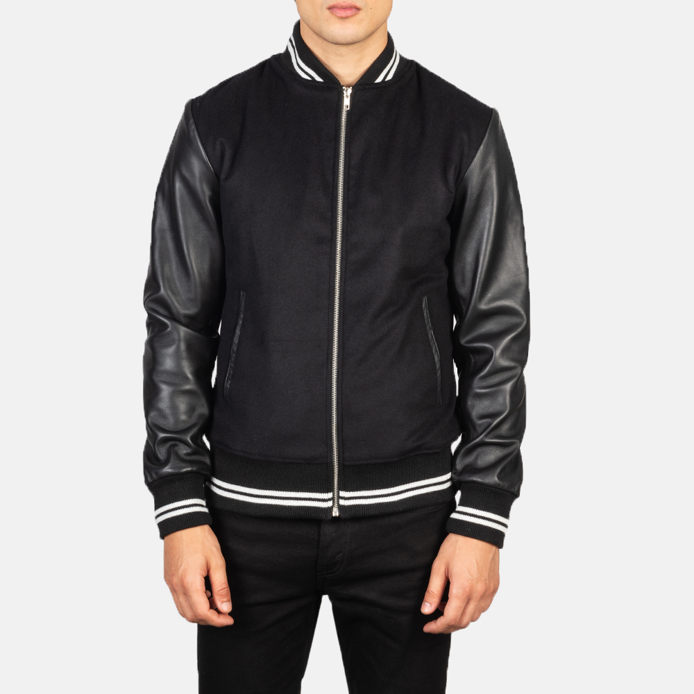 Harrison Black Hybrid Varsity Jacket Close Front-5-1634136674923