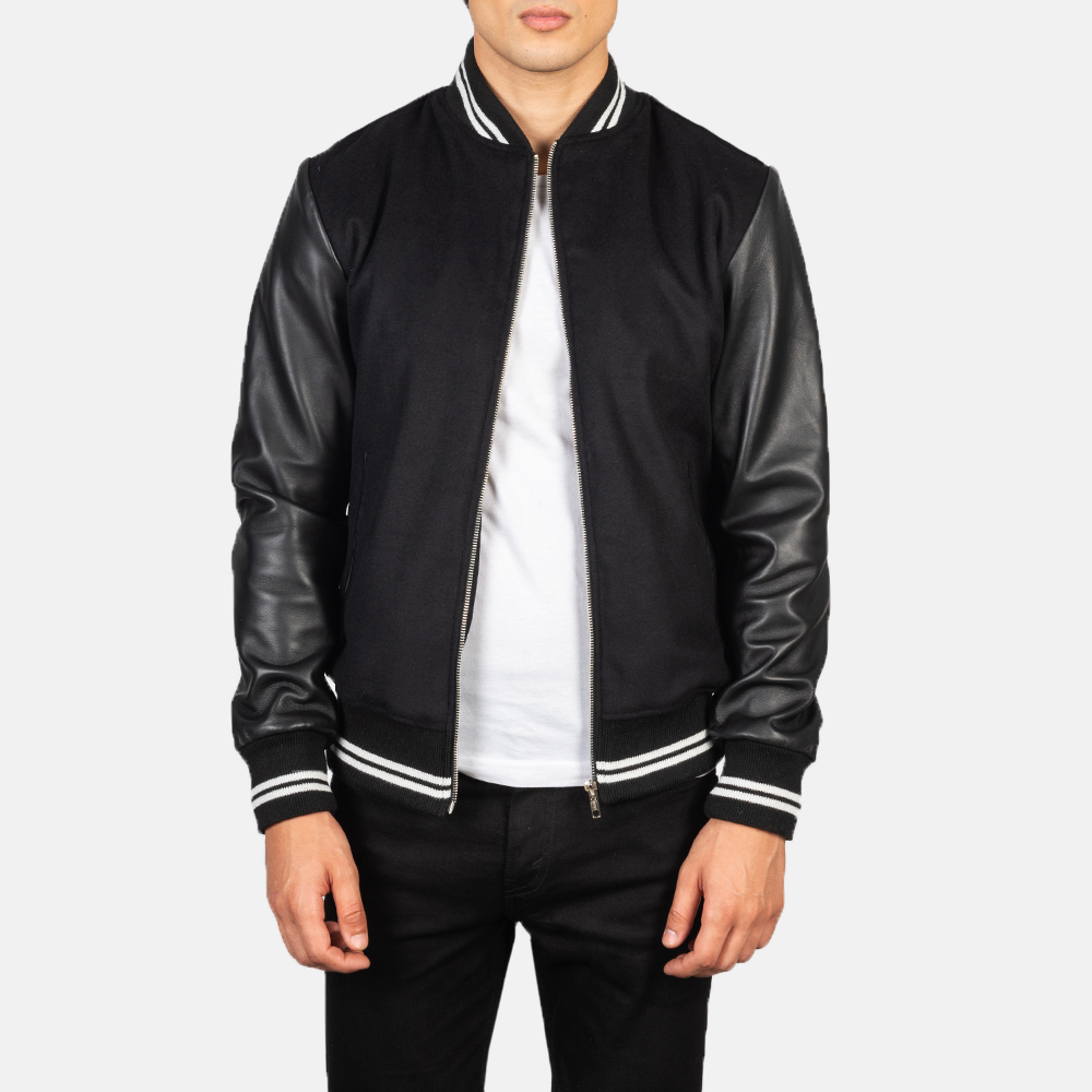 Harrison Black Hybrid Varsity Jacket Open Front-4-1634136669105