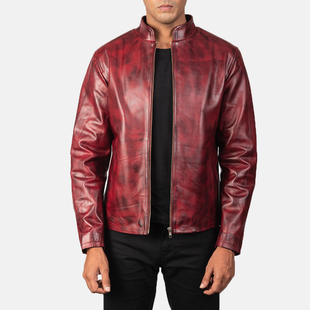 Mens Alex Distressed Burgundy Leather Jacket 5926-4-1568979190915