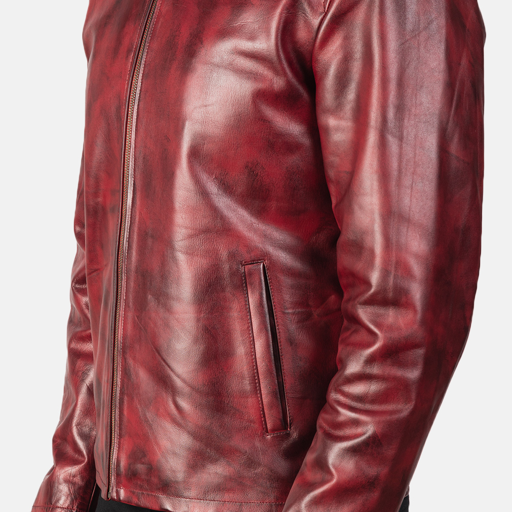 Mens Alex Distressed Burgundy Leather Jacket 5933-9-1568468270135