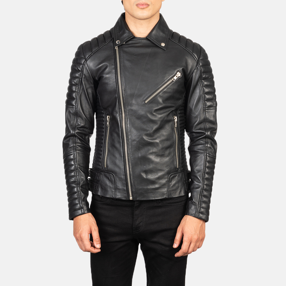 Mens Armand Black Leather Biker Jacket Close Front-5-1634123327594