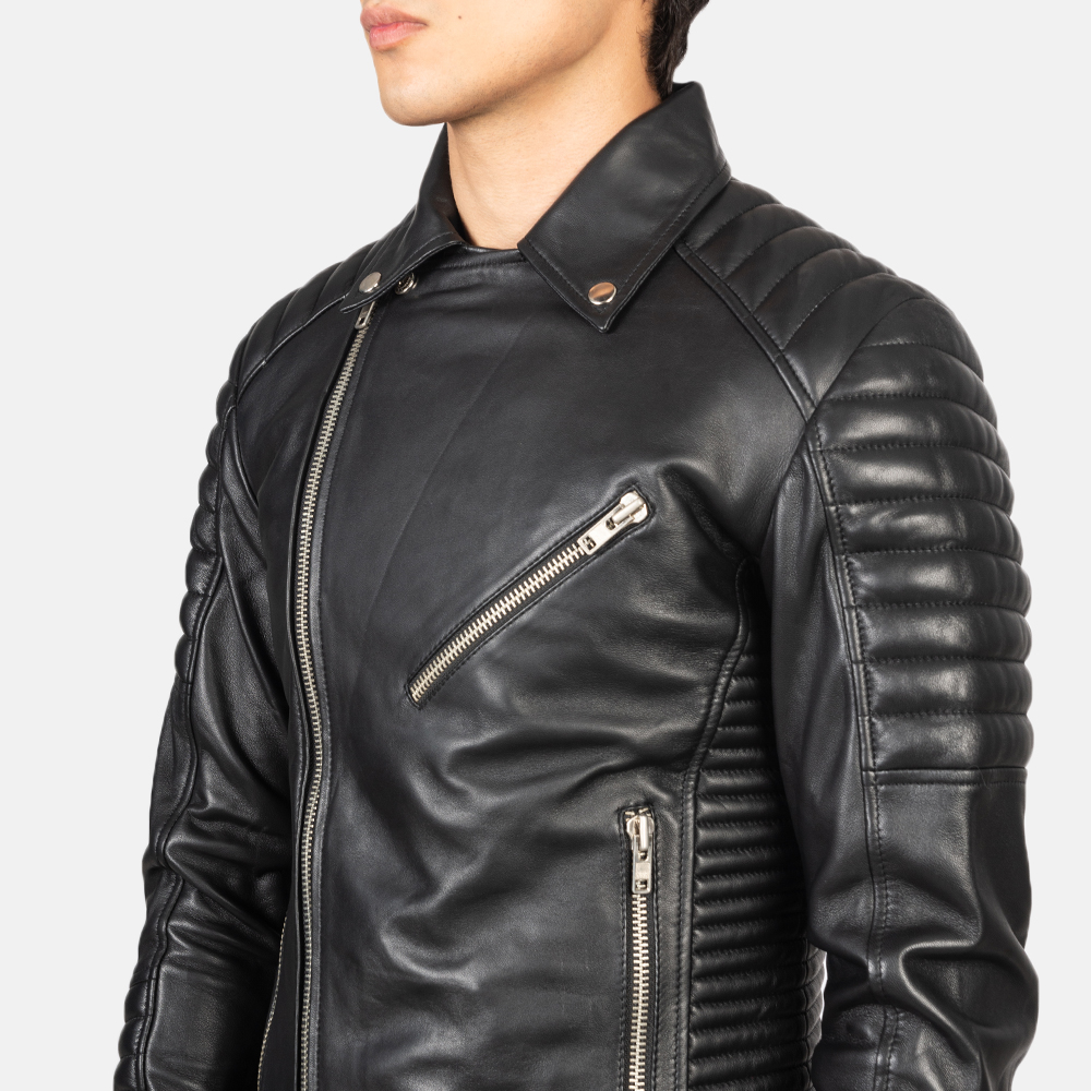 Mens Armand Black Leather Biker Jacket Close-Up-9-1634123346892