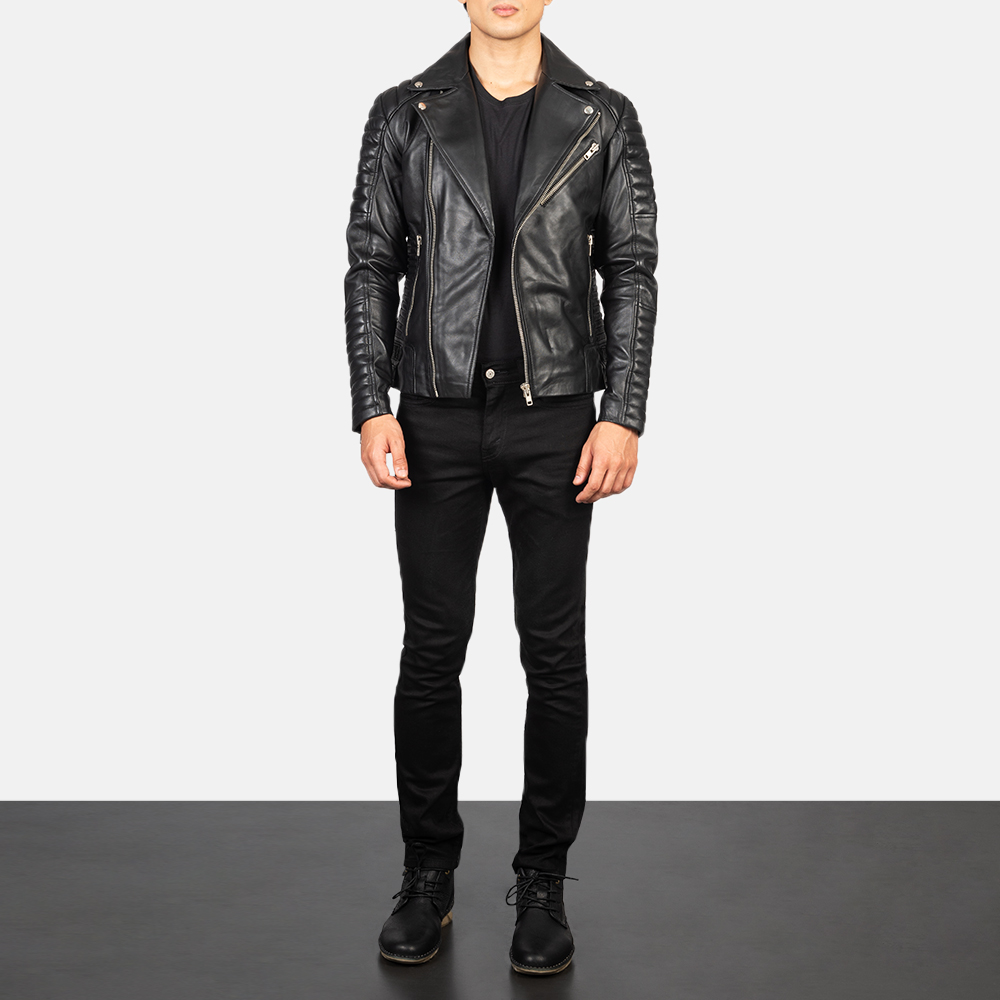 Mens Armand Black Leather Biker Jacket Full Length-2-1634122628003