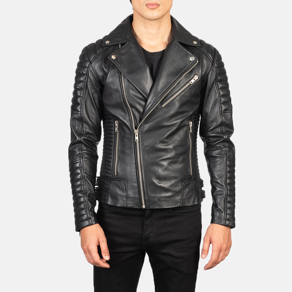 Mens Armand Black Leather Biker Jacket Open Front-4-1634122669140