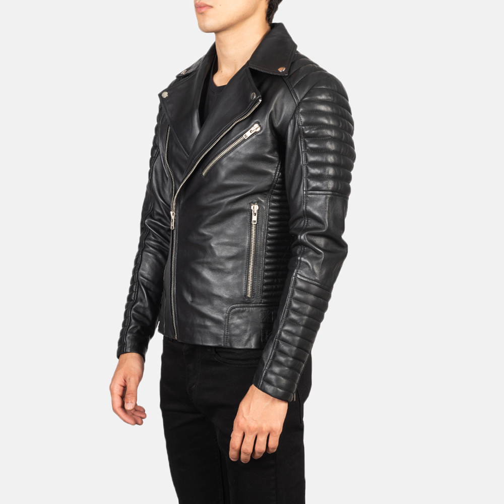 Mens Armand Black Leather Biker Jacket Side Pose-3-1634122646133