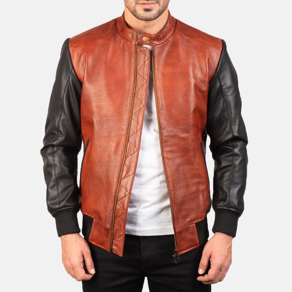 Mens Avan Black & Maroon Leather Bomber Jacket8120-4-1577698236661