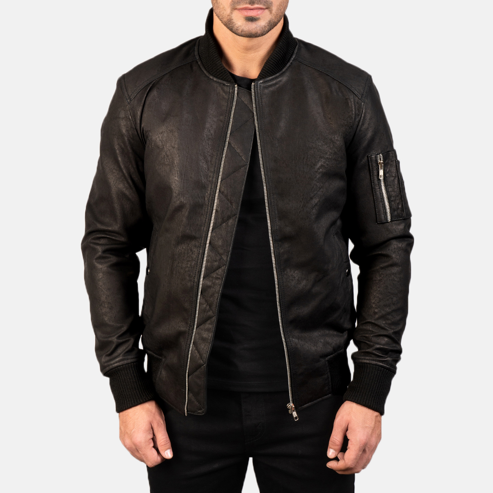 Mens Bomia Ma-1 Distressed Black Leather Bomber Jacket7727-5-1578998544108