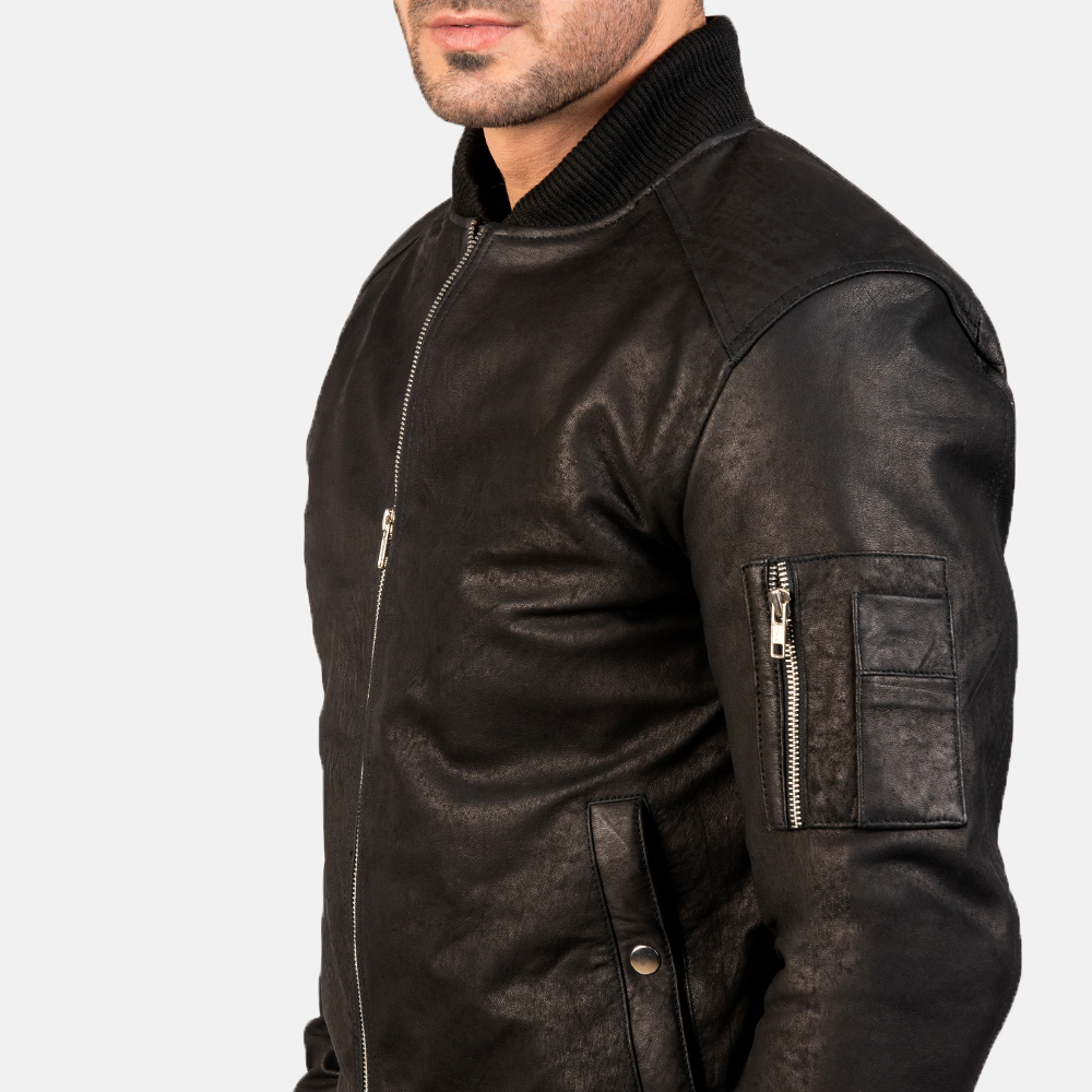 Mens Bomia Ma-1 Distressed Black Leather Bomber Jacket7733-9-1578998552300