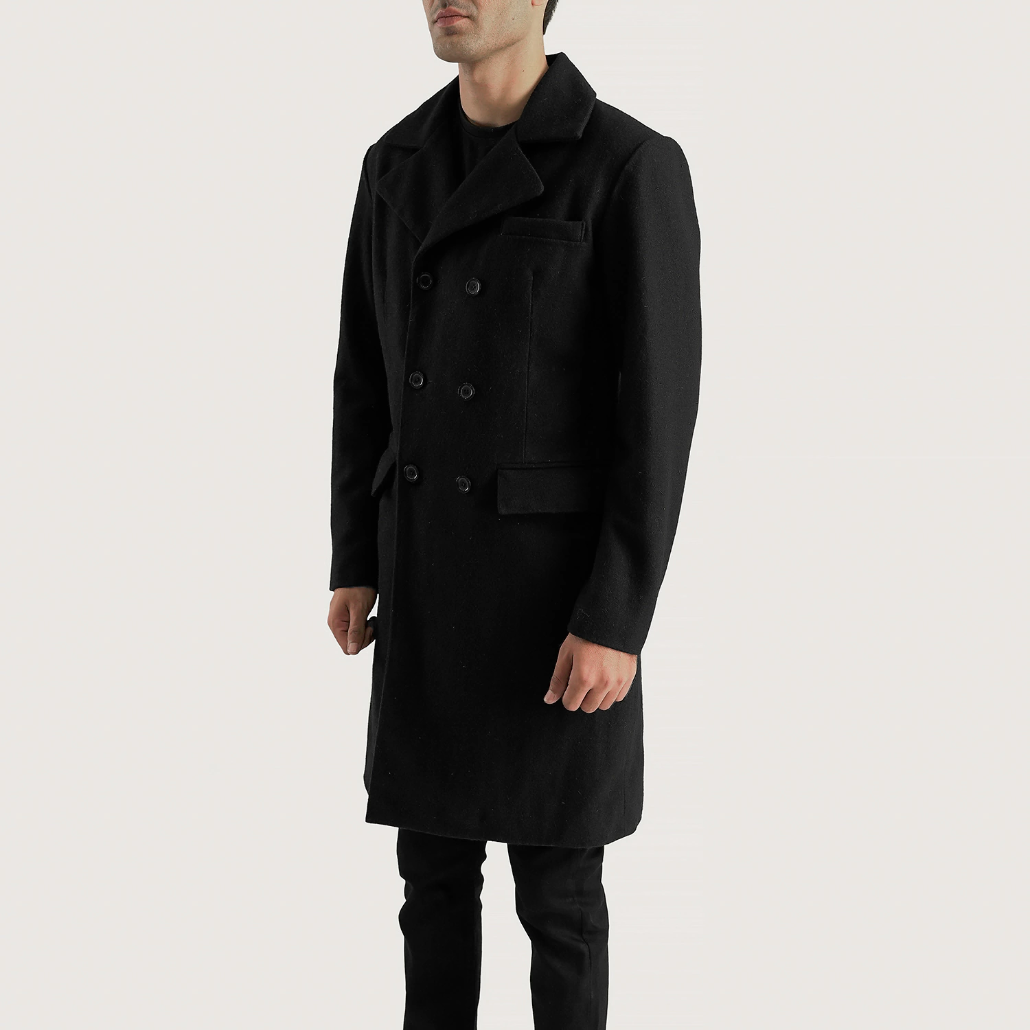 Mens Claud Black Wool Double Breasted Coat Side Pose-3-1700233331687.webp