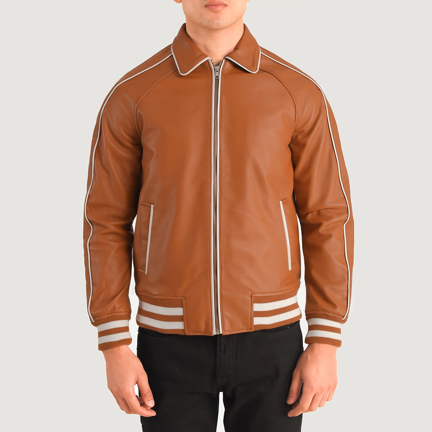 Mens Cooper Tan Brown Leather Varsity Jacket Close Front-5-1704123696478