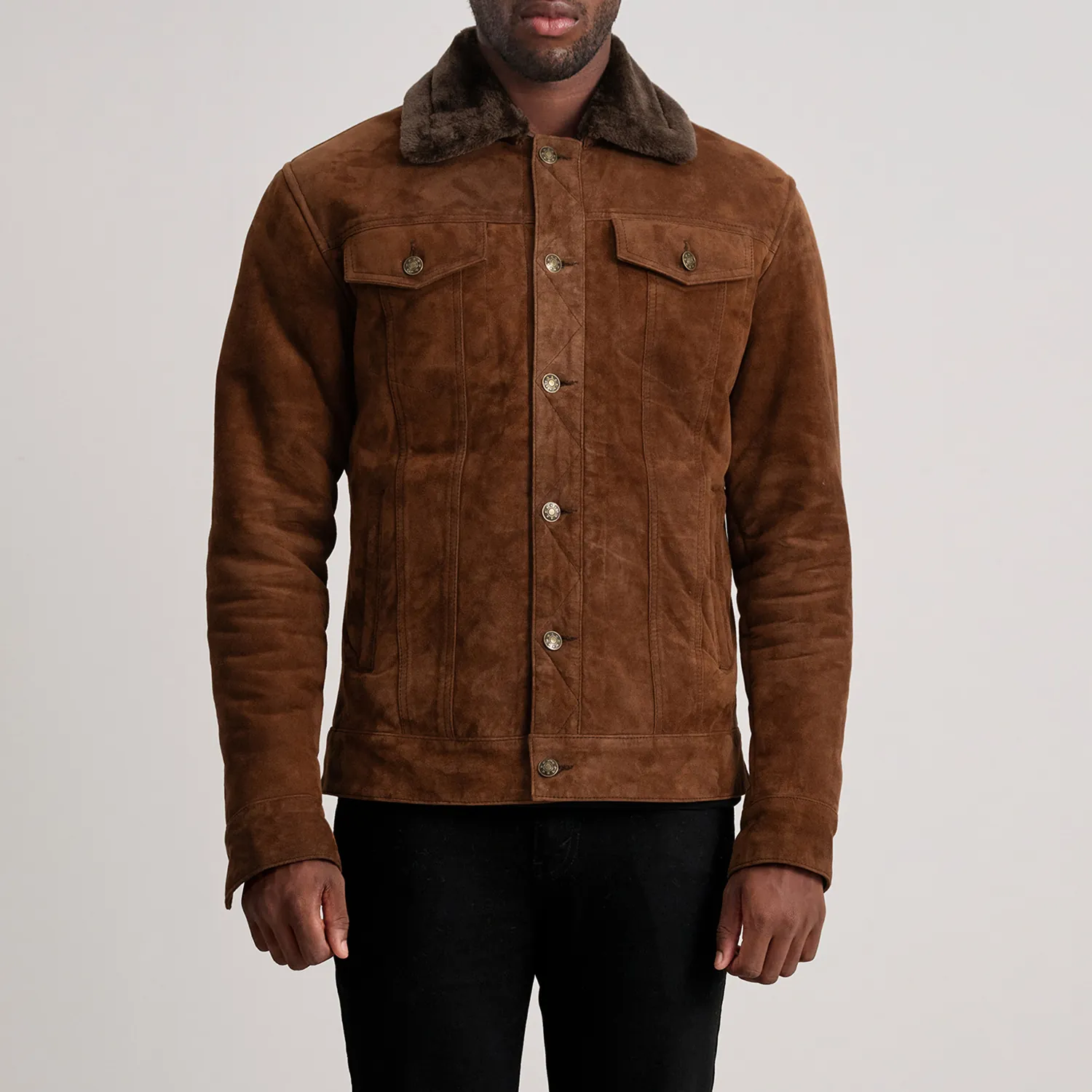 Mens Dallis Brown Suede Shearling Trucker Jacket Close Front-5-1733735662996